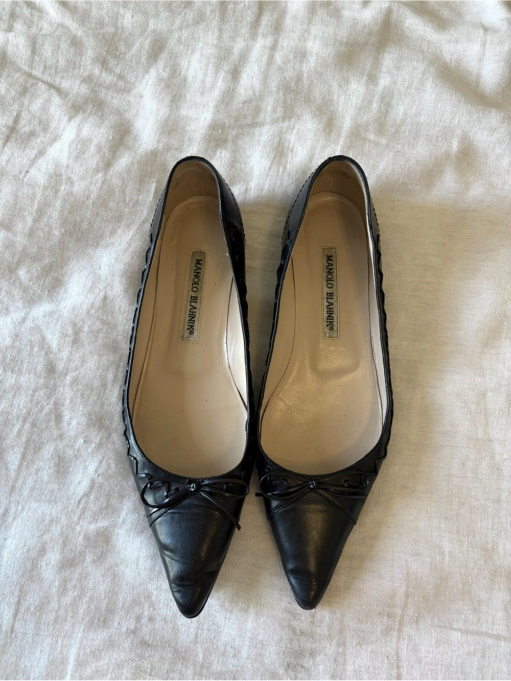 Black Manolo Blahnik Pointed Flats Loafers Size IT 38 With Bow and Threading